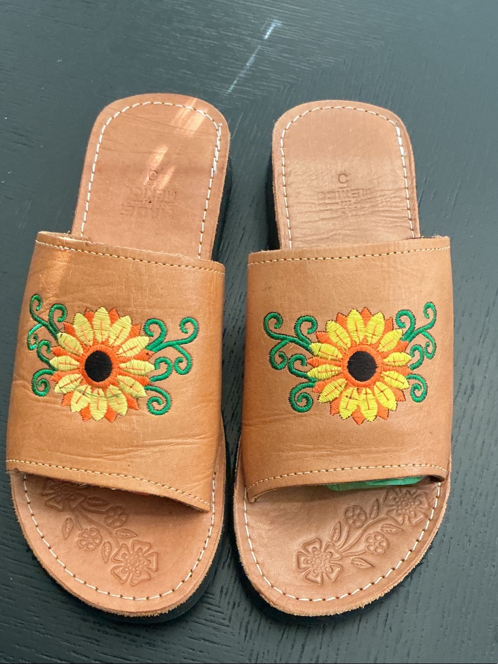 Hand-Embroidered Sunflower Leather Slide Sandals - Mexican sandals
